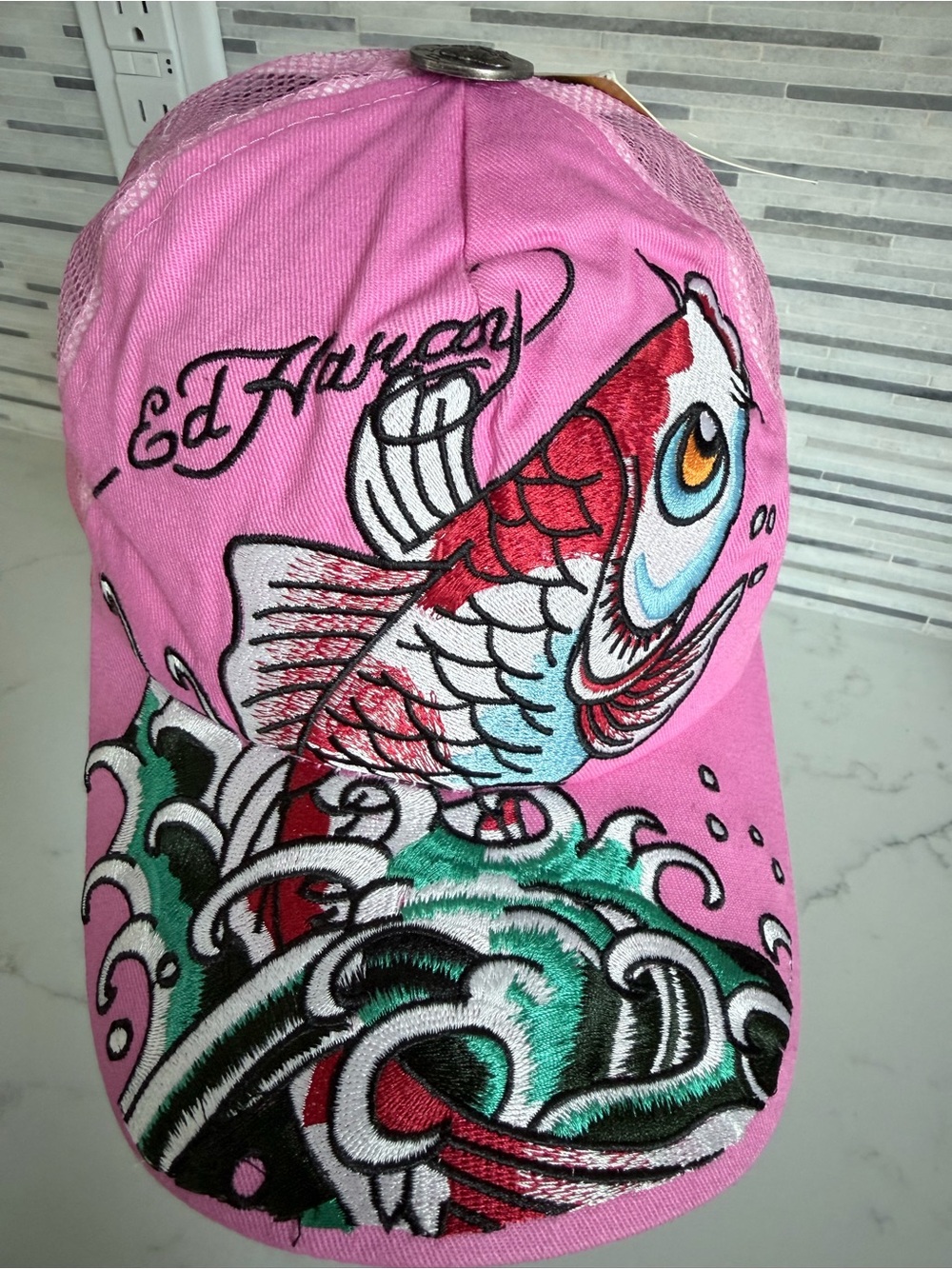 Vintage Ed Hardy Pink Koi Fish Embroidered Cap with Teal Wave Accents - Picture 5 of 7